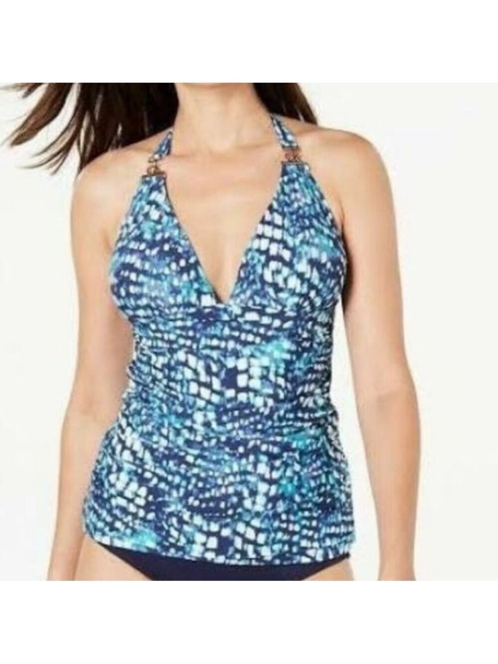 NWT Calvin Klein Printed Halter Navy Tankini Swim Top
